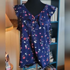 St. John's Bay Floral Ruffle Blouse - Navy and Pink